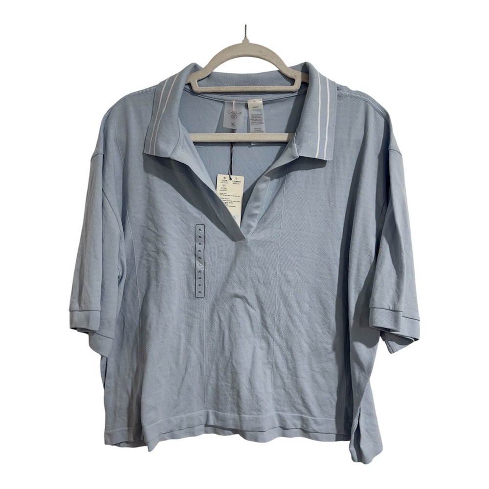 Calia Womens Seamless Tipped Polo Shirt Pale Blue XL WAX37 New